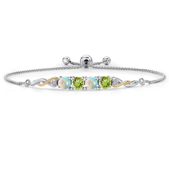 925 Silver and 10K Yellow Gold Simulated White Opal, Green Peridot and White Lab Grown Diamond Bracelet for Women | 2.12 Cttw | Gemstone October Birthstone | Round Cabochon 5MM | Fully Adjustable 9"