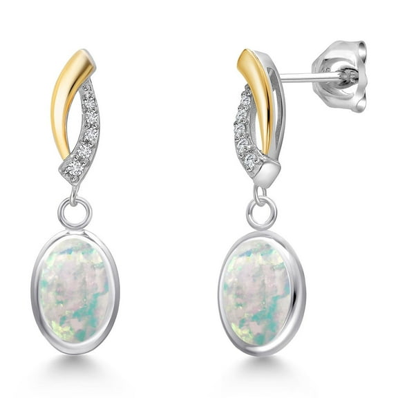 Gem Stone King 925 Silver and 10K Yellow Gold Simulated White Opal and Lab Grown Diamond Earrings for Women | 2.07 Cttw | Gemstone October Birthstone | Oval Cabochon 8X6MM