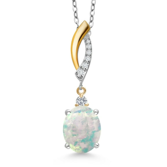 925 Silver and 10K Yellow Gold Simulated White Opal and White Lab Grown Diamond Pendant Necklace for Women | 1.77 Cttw | Gemstone October Birthstone | Oval Cabochon 10X8MM | With 18 inch Chain