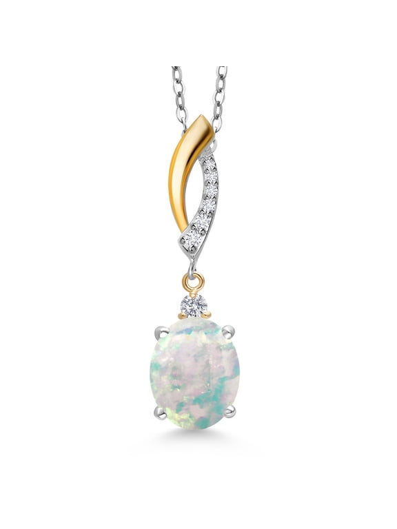 925 Silver and 10K Yellow Gold Simulated White Opal and White Lab Grown Diamond Pendant Necklace for Women | 1.77 Cttw | Gemstone October Birthstone | Oval Cabochon 10X8MM | With 18 inch Chain