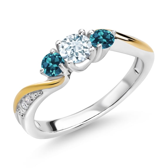 Gem Stone King 925 Silver and 10K Yellow Gold Sky Blue Aquamarine London Blue Topaz and White Lab Grown Diamond 3 Stone Engagement Ring for Women (0.54 Cttw, March Birthstone, Size 5)