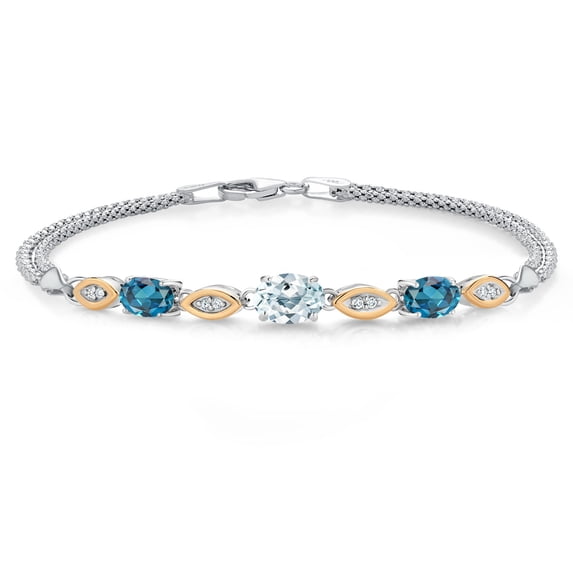 925 Silver and 10K Yellow Gold Sky Blue Aquamarine and London Blue Topaz and White Lab Grown Diamond Bracelet for Women (2.01 Cttw, Gemstone March Birthstone, Oval, Wheat Chain, 7.5 inches)