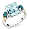 thumbnail image 1 of Gem Stone King 925 Silver and 10K Yellow Gold Sky Blue Simulated Aquamarine and Blue Diamond 3 Stone Ring for Women (4.34 Cttw, Gemstone Birthstone, Cushion 10MM, Round 4MM, Size 6), 1 of 3