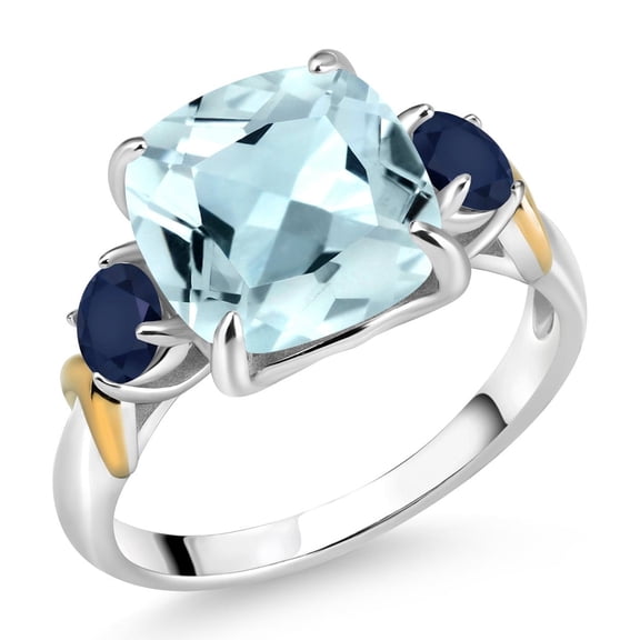 Gem Stone King 925 Silver and 10K Yellow Gold Sky Blue Simulated Aquamarine and Blue Sapphire 3 Stone Ring for Women (4.50 Cttw, Gemstone Birthstone, Cushion 10MM, Round 4MM, Size 5)