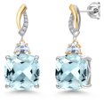 thumbnail image 1 of 925 Silver and 10K Yellow Gold Sky Blue Simulated Aquamarine and Moissanite and White Lab Grown Diamond Dangle Earrings for Women | 12.51 Cttw | Gemstone March Birthstone | Cushion 12MM, 1 of 6