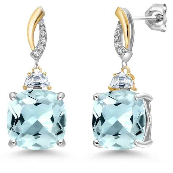 925 Silver and 10K Yellow Gold Sky Blue Simulated Aquamarine and Moissanite and White Lab Grown Diamond Dangle Earrings for Women | 12.51 Cttw | Gemstone March Birthstone | Cushion 12MM
