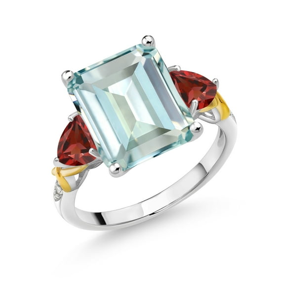 Gem Stone King 925 Silver and 10K Yellow Gold Sky Blue Simulated Aquamarine Red Garnet and Diamond 3 Stone Ring for Women (6.51 Cttw, Gemstone Birthstone, Emerald Cut 12X10MM, Size 5)