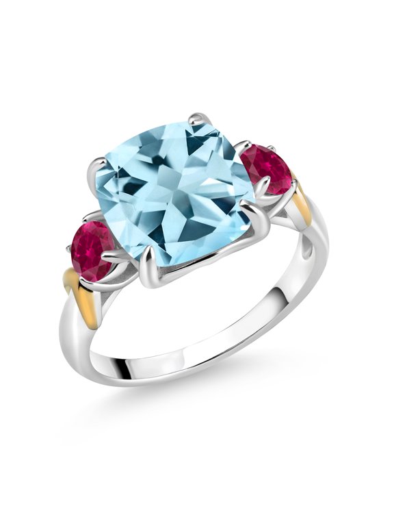 925 Silver and 10K Yellow Gold Sky Blue Topaz and Red Created Ruby 3 Stone Ring for Women (4.75 Cttw, Gemstone November Birthstone, Cushion 10MM, Round 4MM, Size 9)