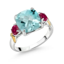 Gem Stone King 925 Silver and 10K Yellow Gold Sky Blue Topaz and Red Created Ruby 3 Stone Ring for Women (5.65 Cttw, Gemstone November Birthstone, Cushion Checkerboard 10MM, Size 8)
