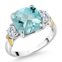 Gem Stone King 925 Silver and 10K Yellow Gold Sky Blue Topaz and White Lab Grown Diamond 3 Stone Ring for Women (5.69 Cttw, Gemstone Birthstone, Cushion Checkerboard 10MM, Round 4MM, Size 6)