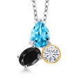 thumbnail image 1 of 925 Silver and 10K Yellow Gold Swiss Blue Topaz and Black Sapphire and Moissanite 3 Stone Pendant Necklace for Women | 2.92 Cttw | Pear Shape 8X6MM | Oval 7X5MM | Round 5MM | with 18 inch Chain, 1 of 3