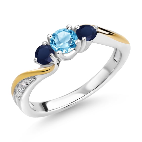 Gem Stone King 925 Silver and 10K Yellow Gold Swiss Blue Topaz Blue Sapphire and White Lab Grown Diamond 3 Stone Engagement Ring for Women (0.68 Cttw, November Birthstone, Size 5)