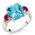 thumbnail image 1 of Gem Stone King 925 Silver and 10K Yellow Gold Swiss Blue Topaz and Created Ruby 3 Stone Ring for Women (4.55 Cttw, Gemstone November Birthstone, Cushion Checkerboard 10MM, Round 4MM, Size 8), 1 of 3