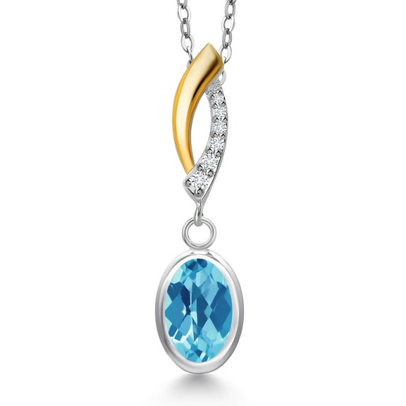 925 Silver and 10K Yellow Gold Swiss Blue Topaz and Lab Grown Diamond Pendant Necklace for Women | 1.35 Cttw | Gemstone November Birthstone | Oval Checkerboard 8X6MM | With 18 inch Chain