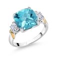 thumbnail image 1 of 925 Silver and 10K Yellow Gold Swiss Blue Topaz and Moissanite 3 Stone Ring for Women (4.51 Cttw, Gemstone November Birthstone, Cushion Checkerboard 10MM, Round 4MM, Available in Size 5, 6, 7, 8, 9), 1 of 3