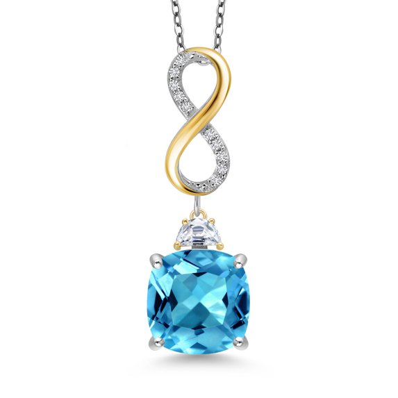 925 Silver and 10K Yellow Gold Swiss Blue Topaz and Moissanite and Lab Grown Diamond Pendant Necklace for Women | 8.53 Cttw | Gemstone November Birthstone | Cushion 12MM | With 18 inch Chain