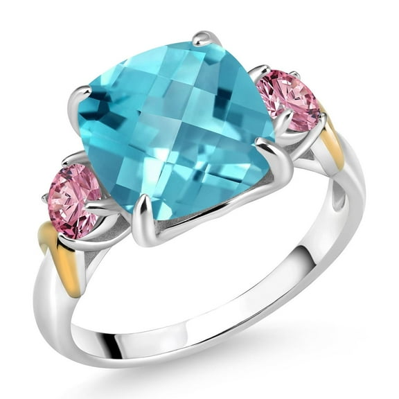 Gem Stone King 925 Silver and 10K Yellow Gold Swiss Blue Topaz and Pink Lab Grown Diamond 3 Stone Ring for Women (4.55 Cttw, Gemstone Birthstone, Cushion Checkerboard 10MM, Size 6)
