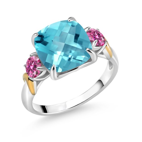 Gem Stone King 925 Silver and 10K Yellow Gold Swiss Blue Topaz and Pink Moissanite 3 Stone Ring for Women (4.51 Cttw, Gemstone Birthstone, Cushion Checkerboard 10MM, Round 4MM, Size 7)