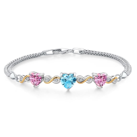 925 Silver and 10K Yellow Gold Swiss Blue Topaz and Pink Moissanite and White Lab Grown Diamond Bracelet for Women (3.18 Cttw, November Birthstone, Heart 7MM and 6MM, 6.5/7/7.5 inch, Made in Italy)