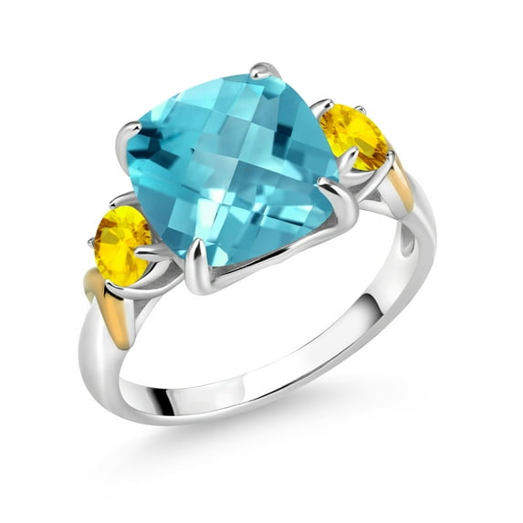 Gem Stone King 925 Silver and 10K Yellow Gold Swiss Blue Topaz and Yellow Sapphire 3 Stone Ring for Women (4.77 Cttw, Gemstone Birthstone, Cushion Checkerboard 10MM, Round 4MM, Size 7)