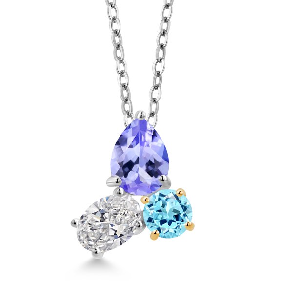 925 Silver and 10K Yellow Gold Tanzanite and Lab Grown Diamond and Apatite 3 Stone Pendant Necklace for Women | 1.96 Cttw | Pear Shape 8X6MM | Oval 7X5MM | Round 5MM | with 18 inch Chain