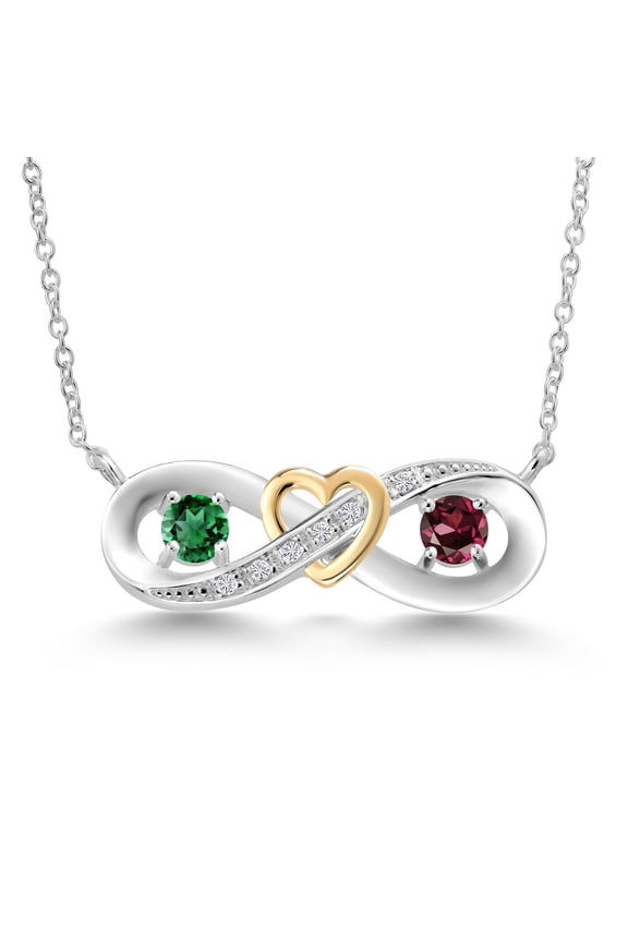 925 Silver and 10K Yellow Gold Two-Tone Green Nano Emerald Red Rhodolite Garnet and Lab Grown Diamond Heart Interlocking Infinity Symbol Pendant Necklace for Women (0.73 Cttw, with 18 inch Chain)