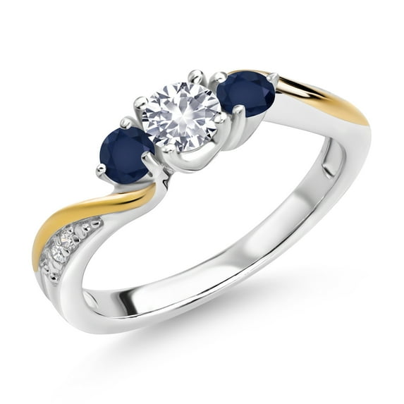 Gem Stone King 925 Silver and 10K Yellow Gold White Created Sapphire Blue Sapphire and White Lab Grown Diamond 3 Stone Engagement Ring for Women (0.58 Cttw, September Birthstone, Size 5)