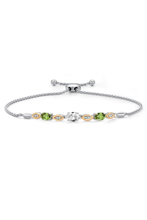 925 Silver and 10K Yellow Gold White Created Sapphire and Green Peridot and Lab Grown Diamond Bracelet for Women | 2.06 Cttw | Gemstone September Birthstone | Oval 7X5MM | Fully Adjustable 9"