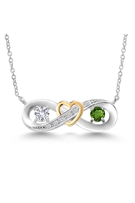 925 Silver and 10K Yellow Gold White Created Sapphire Green Tourmaline Two-Tone Heart Interlocking Infinity Symbol Lab Grown Diamond Pendant Necklace for Women (0.56 Cttw, with 18 inch Chain)