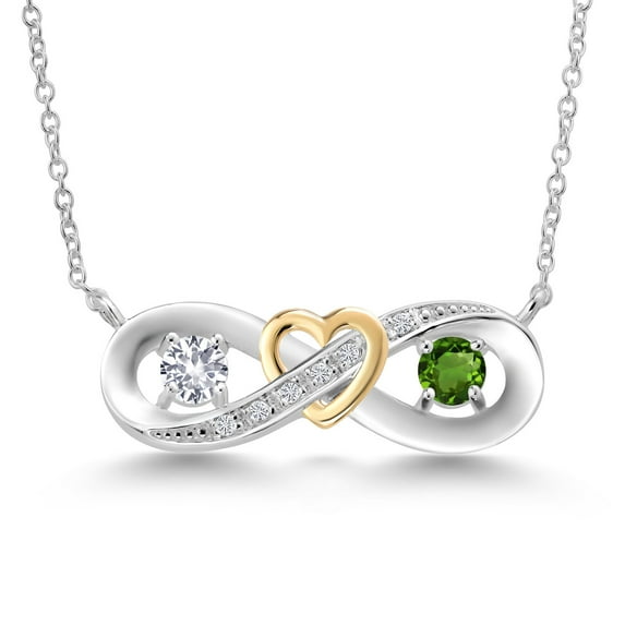 925 Silver and 10K Yellow Gold White Created Sapphire Green Tourmaline Two-Tone Heart Interlocking Infinity Symbol Lab Grown Diamond Pendant Necklace for Women (0.56 Cttw, with 18 inch Chain)