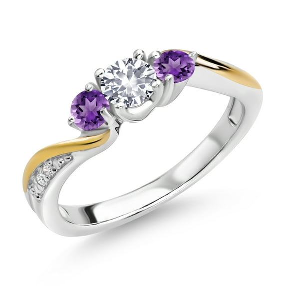 Gem Stone King 925 Silver and 10K Yellow Gold White Created Sapphire Purple Amethyst and White Lab Grown Diamond 3 Stone Engagement Ring for Women (0.48 Cttw, September Birthstone, Size 9)