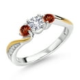 thumbnail image 1 of Gem Stone King 925 Silver and 10K Yellow Gold White Created Sapphire Red Garnet and White Lab Grown Diamond 3 Stone Engagement Ring for Women | 0.58 Cttw | Size 9, 1 of 3