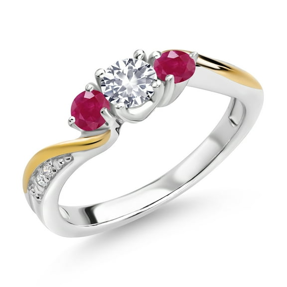 Gem Stone King 925 Silver and 10K Yellow Gold White Created Sapphire Red Ruby and White Lab Grown Diamond 3 Stone Engagement Ring for Women (0.59 Cttw, September Birthstone, Size 6)
