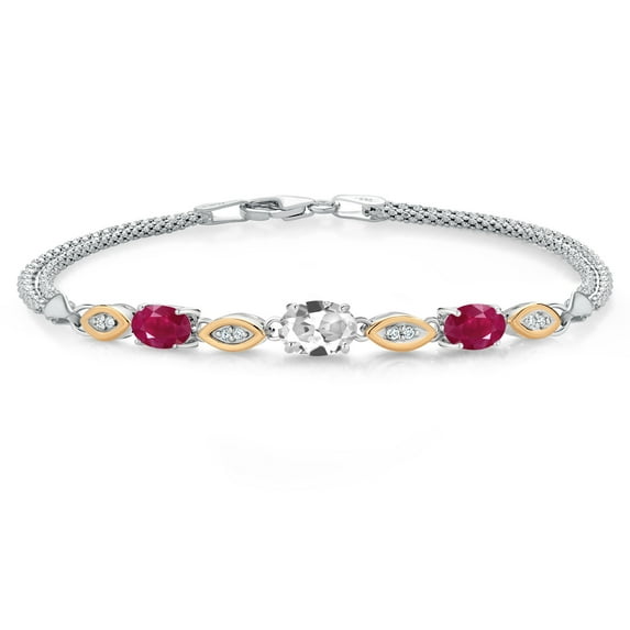 925 Silver and 10K Yellow Gold White Created Sapphire and Red Ruby and White Lab Grown Diamond Bracelet for Women (2.26 Cttw, Gemstone September Birthstone, Oval, Wheat Chain, 7.5 inches)