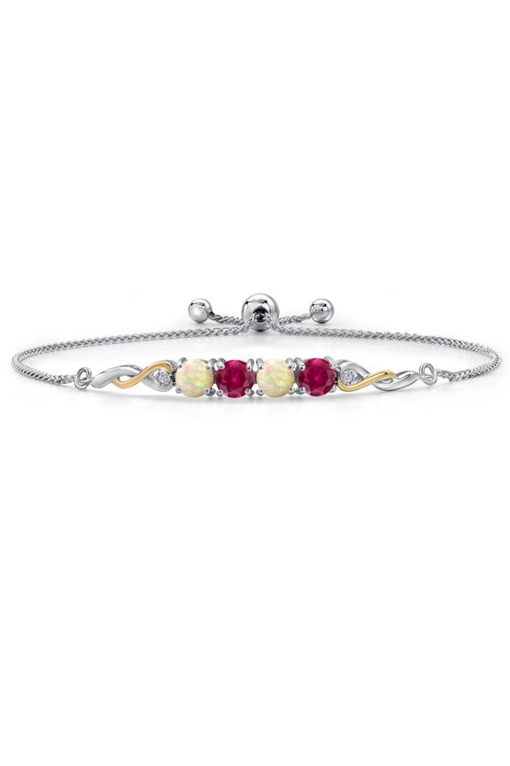 925 Silver and 10K Yellow Gold White Ethiopian Opal, Red Created Ruby & White Lab Grown Diamond Bracelet for Women | 1.82 Cttw | Gemstone October Birthstone | Round Cabochon 5MM | Fully Adjustable 9"