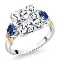 Gem Stone King 925 Silver and 10K Yellow Gold White Moissanite and Blue Created Sapphire 3 Stone Ring for Women (5.50 Cttw, Gemstone Birthstone, Cushion 10MM, Round 4MM, Size 6)