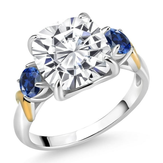 Gem Stone King 925 Silver and 10K Yellow Gold White Moissanite and Blue Created Sapphire 3 Stone Ring for Women (5.50 Cttw, Gemstone Birthstone, Cushion 10MM, Round 4MM, Size 7)