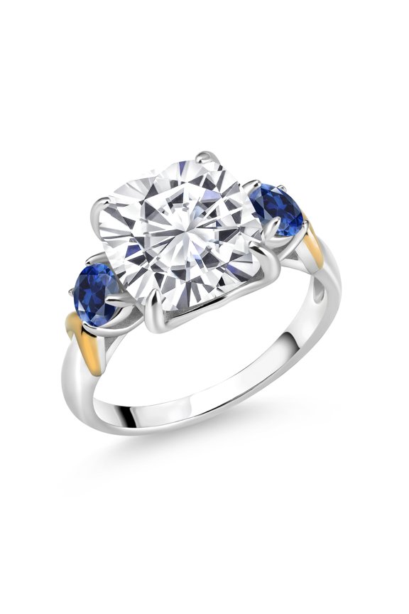 925 Silver and 10K Yellow Gold White Moissanite and Blue Created Sapphire 3 Stone Ring for Women (5.50 Cttw, Gemstone Birthstone, Cushion 10MM, Round 4MM, Size 5)