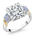 thumbnail image 1 of Gem Stone King 925 Silver and 10K Yellow Gold Moissanite and Blue Tanzanite 3 Stone Ring for Women (5.60 Cttw, Gemstone Birthstone, Cushion 10MM, Round 4MM, Size 6), 1 of 3