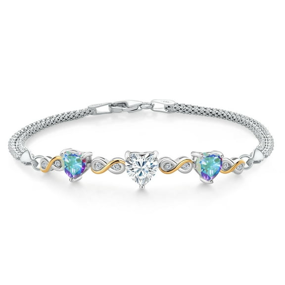 925 Silver and 10K Yellow Gold White Moissanite and Mercury Mystic Topaz and Lab Grown Diamond Bracelet for Women | 3.45 Cttw | Gemstone Birthstone | Heart Shape 7MM | 6.5/7/7.5 inch, Made in Italy