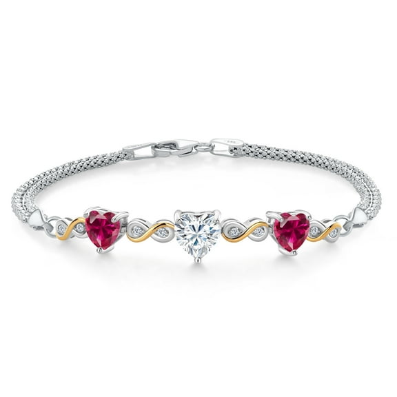 925 Silver and 10K Yellow Gold White Moissanite and Red Created Ruby and Lab Grown Diamond Bracelet for Women | 3.37 Cttw | Gemstone Birthstone | Heart Shape 7MM | 6.5/7/7.5 inch, Made in Italy