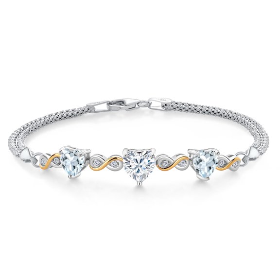 925 Silver and 10K Yellow Gold White Moissanite and Sky Blue Aquamarine and Lab Grown Diamond Bracelet for Women | 2.91 Cttw | Gemstone Birthstone | Heart Shape 7MM | 6.5/7/7.5 inch, Made in Italy