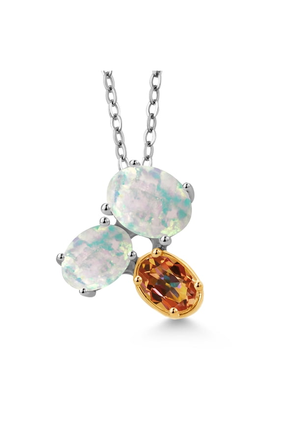925 Silver and 10K Yellow Gold White Opal and Ecstasy Mystic Topaz Pendant Necklace for Women (2.50 Cttw, Oval Cabochon 8X6MM, 7X5MM and 6X4MM, Gemstone October Birthstone, with 18 inch Chain)