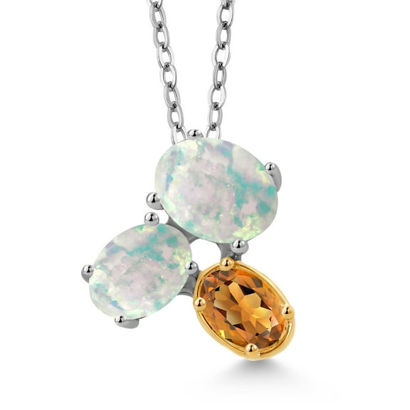 925 Silver and 10K Yellow Gold White Opal and Orange Red Madeira Citrine Pendant Necklace for Women (2.40 Cttw, Oval Cabochon 8X6MM, 7X5MM and 6X4MM, Gemstone October Birthstone, with 18 inch Chain)