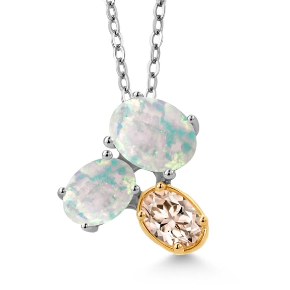 925 Silver and 10K Yellow Gold White Opal and Peach Morganite Pendant Necklace for Women (2.50 Cttw, Oval Cabochon 8X6MM, 7X5MM and 6X4MM, Gemstone October Birthstone, with 18 inch Chain)