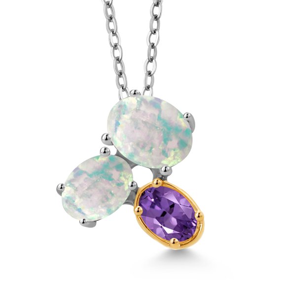 925 Silver and 10K Yellow Gold White Opal and Purple Amethyst Pendant Necklace for Women (2.45 Cttw, Oval Cabochon 8X6MM, 7X5MM and 6X4MM, Gemstone October Birthstone, with 18 inch Chain)