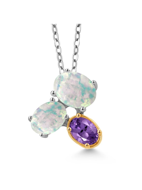 925 Silver and 10K Yellow Gold White Opal and Purple Amethyst Pendant Necklace for Women (2.45 Cttw, Oval Cabochon 8X6MM, 7X5MM and 6X4MM, Gemstone October Birthstone, with 18 inch Chain)
