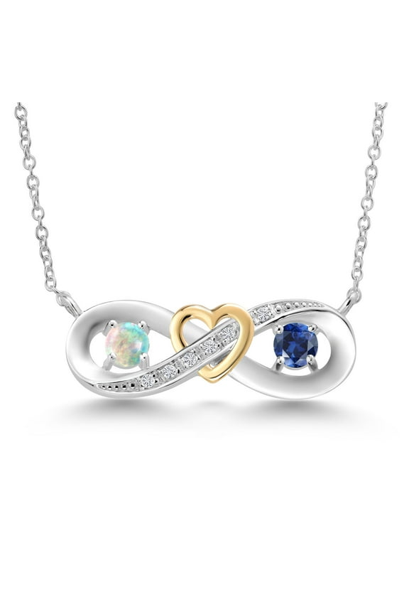 Simulated Opal Blue Created Sapphire and Lab Grown Diamond Heart Interlocking Infinity Symbol Pendant Necklace for Women | 925 Silver and 10K Yellow Gold White | 0.56 Cttw | With 18 inch Chain