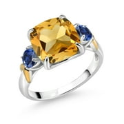GEM STONE KING 925 Silver and 10K Yellow Gold Yellow Citrine and Blue Created Sapphire 3 Stone Ring for Women (4.10 Cttw, Gemstone November Birthstone, Cushion 10MM, Round 4MM, Available in Size 5, 6, 7, 8, 9)