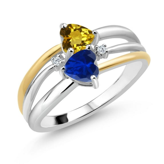 925 Silver and 10K Yellow Gold Yellow Citrine and Blue Created Sapphire and White Lab Grown Diamond Band Ring for Women (0.98 Cttw, Gemstone November Birthstone, Heart Shape 5MM, Size 9)
